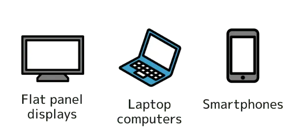Flat panel displays, Laptop computers, Smartphones