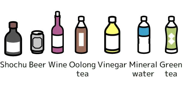 Shochu, Beer, Wine, Oolong tea, Vinegar, Mineral water, Green tea